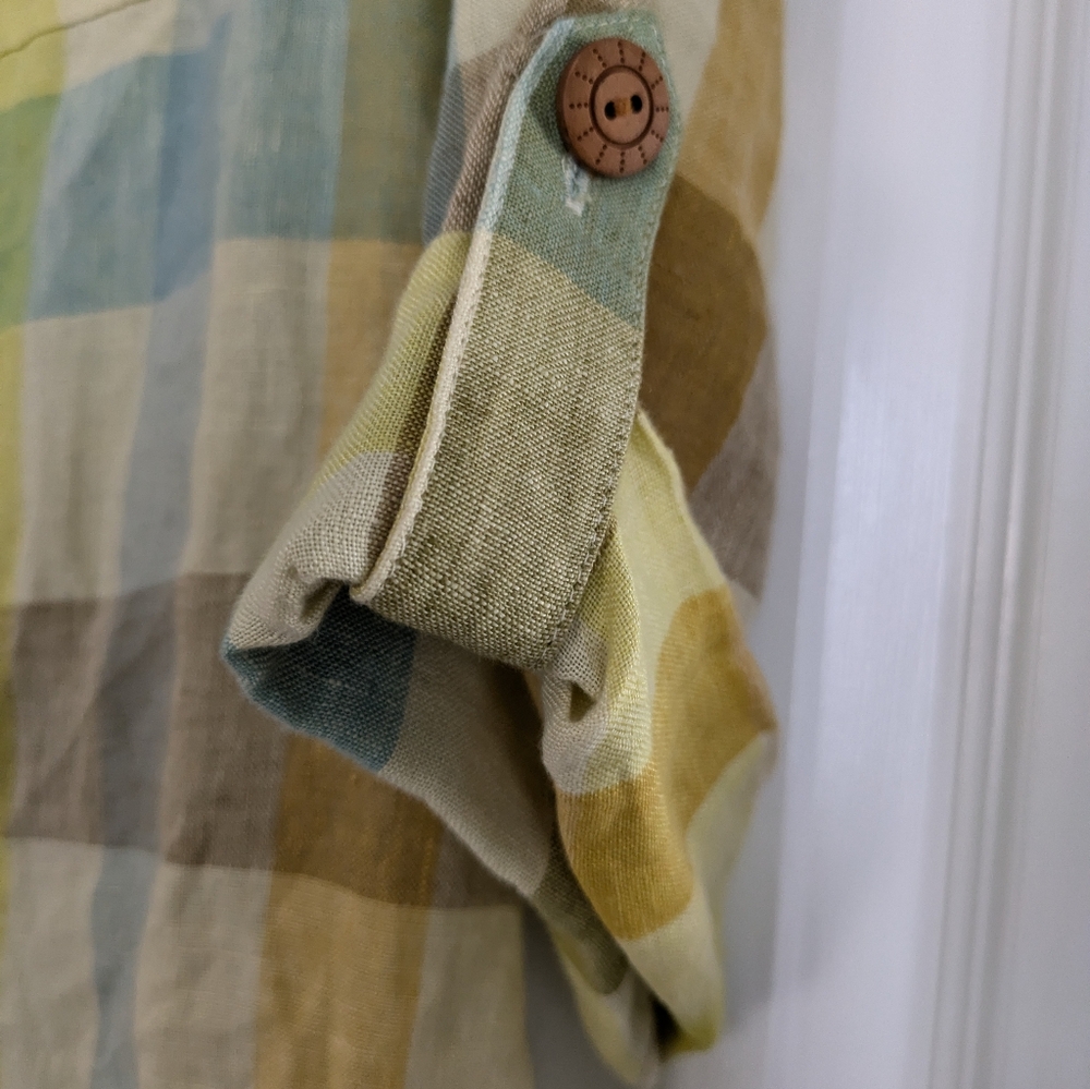 Soft‎ Surroundings Avalon Plaid 100% Linen Button Up Shirt Small Yellow Green - Picture 8 of 8